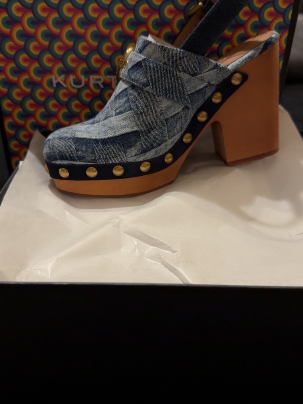 Kurt Geiger Denim Studded Wooden Clogs with Gold Accents and Matching Purse - Picture 5 of 7